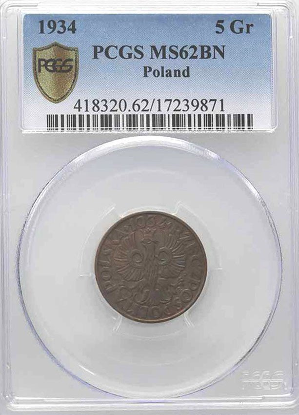 II RP. 5 groszy 1934 PCGS MS62 BN